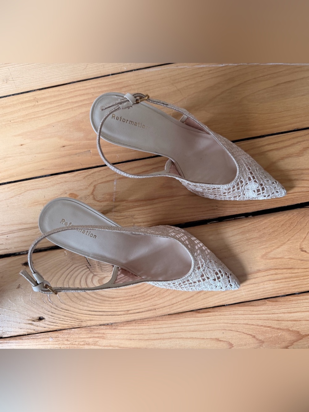 Brand New Reformation White Crochet Slingback Heels